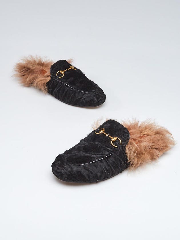 Gucci Black Shearling and Fur Princetown Mule Flats Size 4.5/35