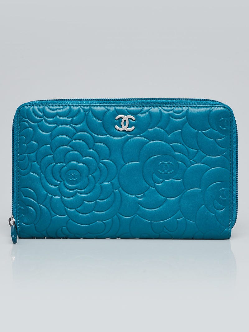 Chanel Turquoise Camellia Embossed Lambskin Leather Zippy Organizer Wallet  - Yoogi's Closet