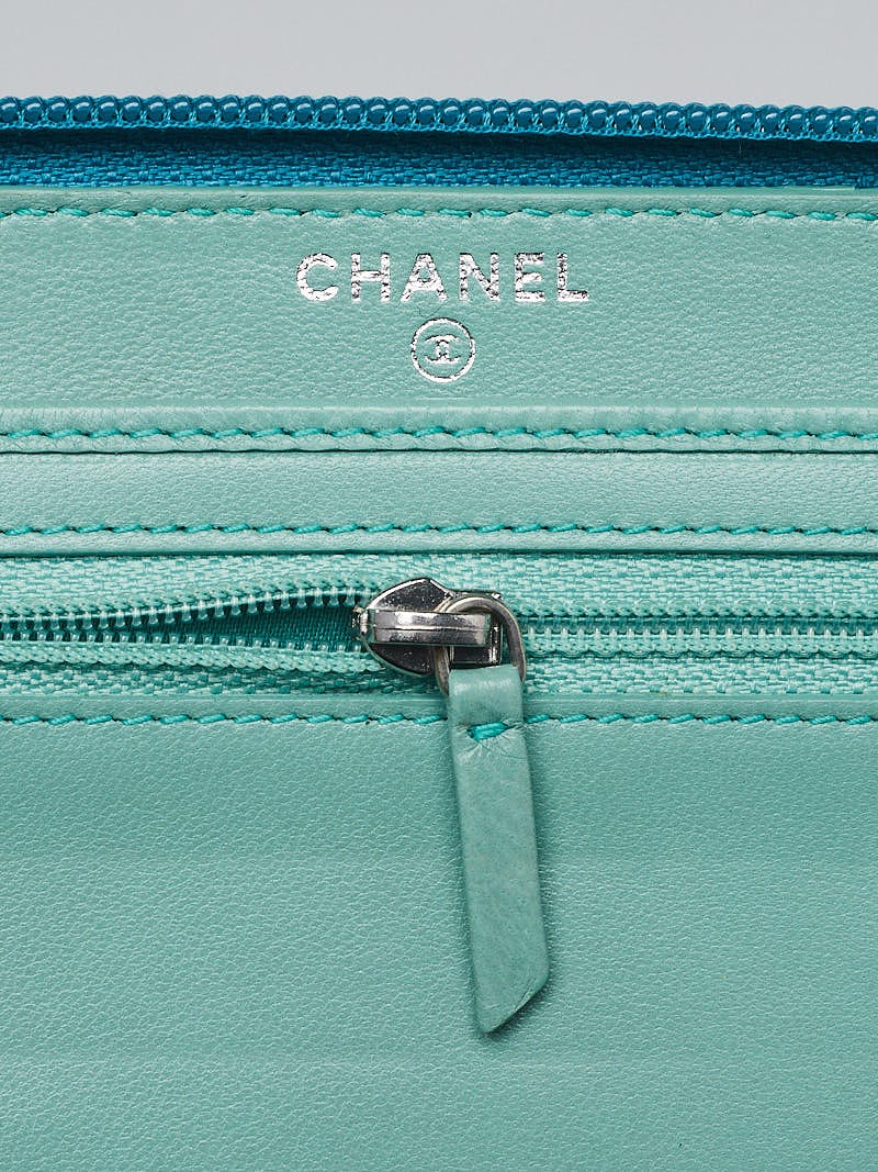 Chanel Turquoise Camellia Embossed Lambskin Leather Zippy