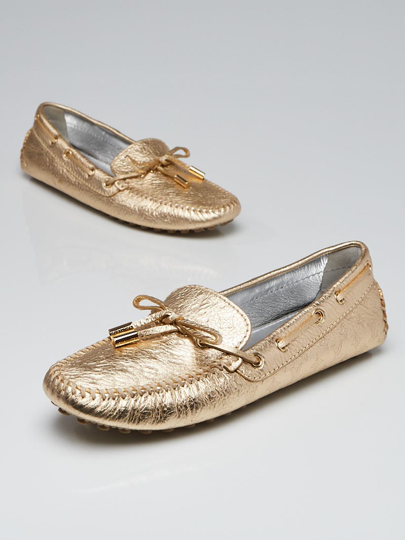 Louis Vuitton Metallic Gold Monogram Embossed Leather Gloria Flat Loafers  Size 6.5/37 - Yoogi's Closet
