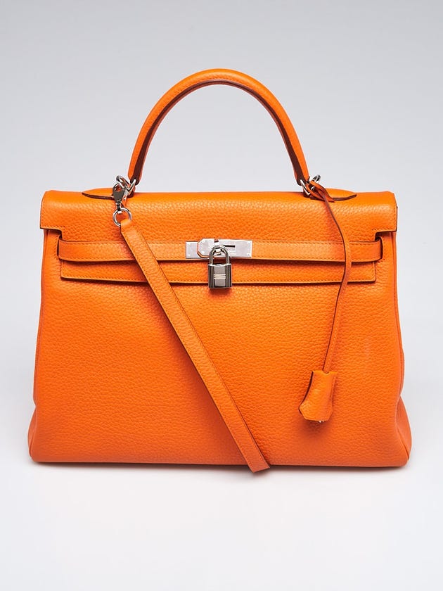Hermes 35cm Orange Clemence Leather Palladium Plated Kelly Retourne Bag