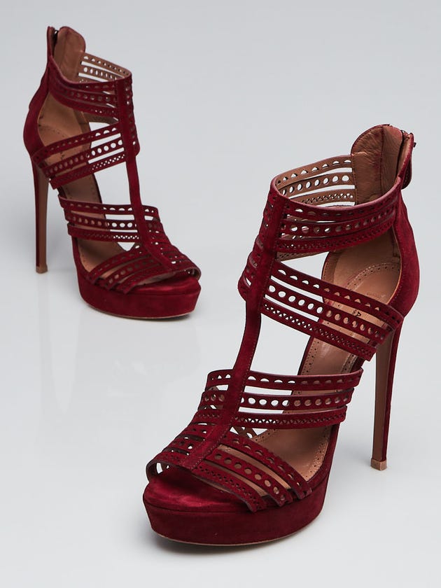 Alaïa Red Laser Cut Suede Platform Pumps Size 7.5/38