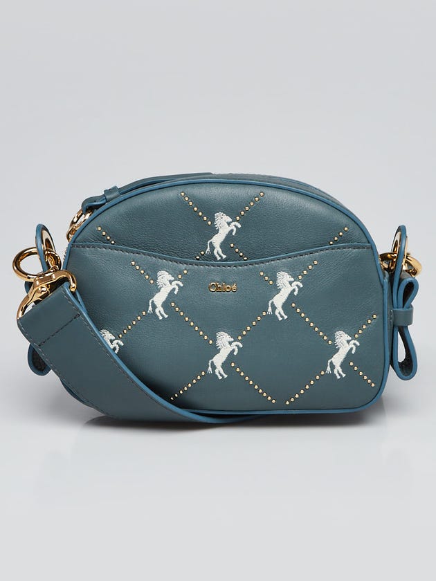 Chloe Cloudy Blue Leather Embroidered Horse Shoulder Bag