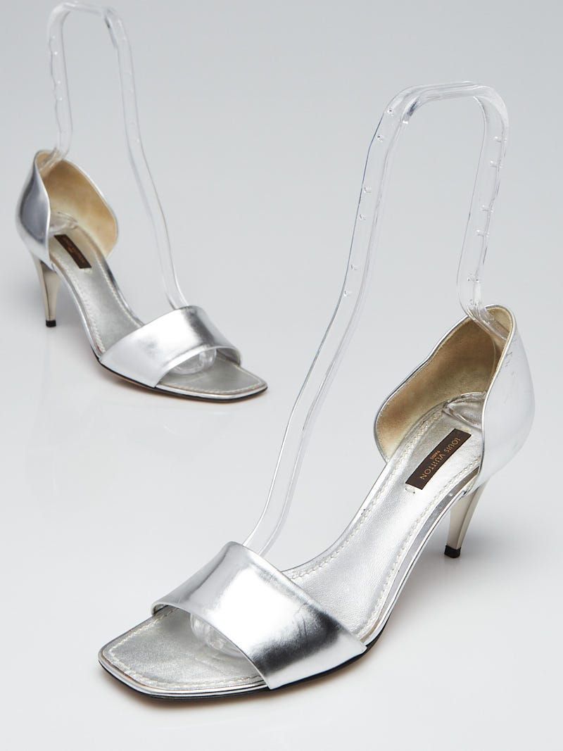 LOUIS VUITTON Silver Matte Metallic Leather Open Toe Heels Sandals Shoes