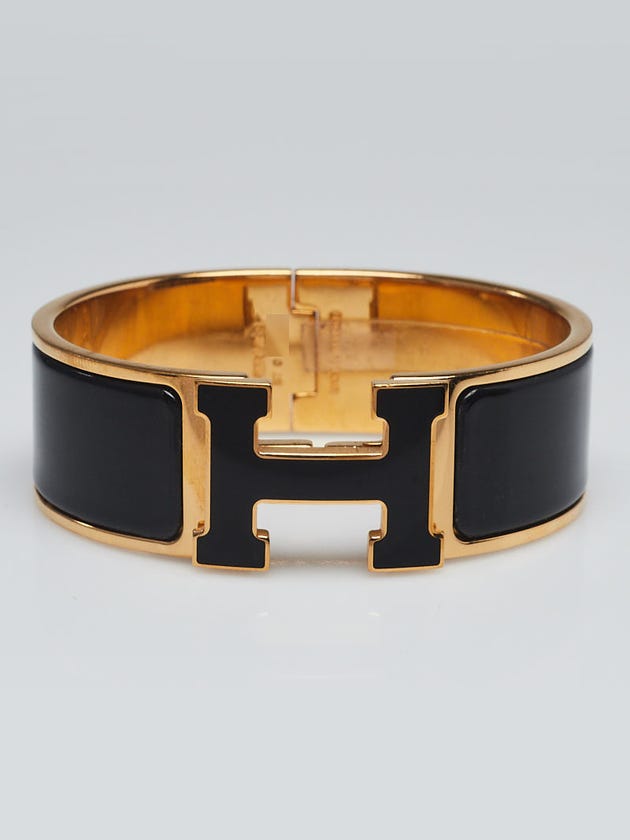 Hermes Black Enamel Lacquered H Gold Plated Clic-Clac H PM Wide Bracelet