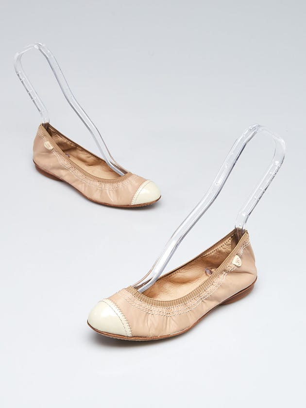Chanel Beige Coated Canvas Cap Toe Scrunch Elastic Ballet Flats Size 4.5/35
