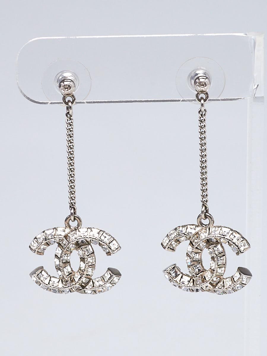 Chanel Silver Tone Crystal CC Dangle Earrings Chanel