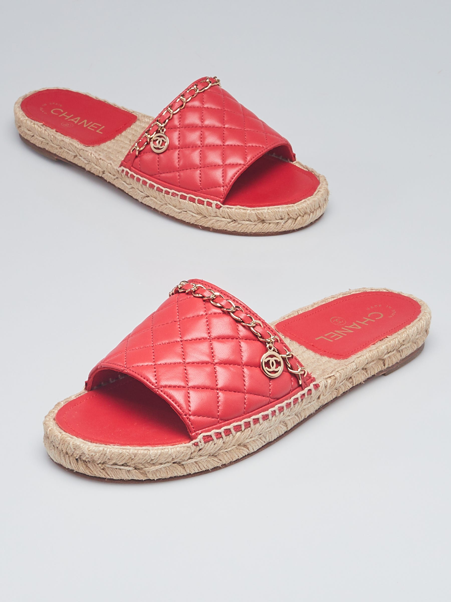 Chanel Red Quilted Lambskin Leather Chain Espadrille Flat Sandals