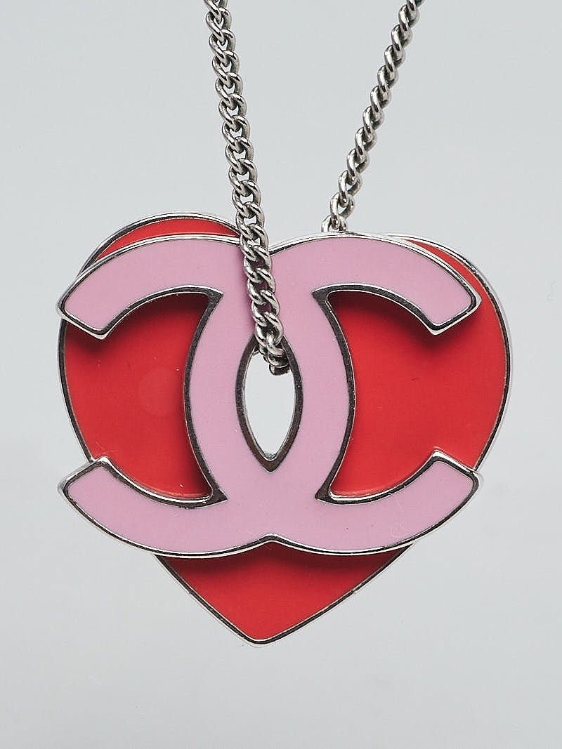 Chanel Red/Pink Enamel and Metal Heart and CC Pendant Necklace