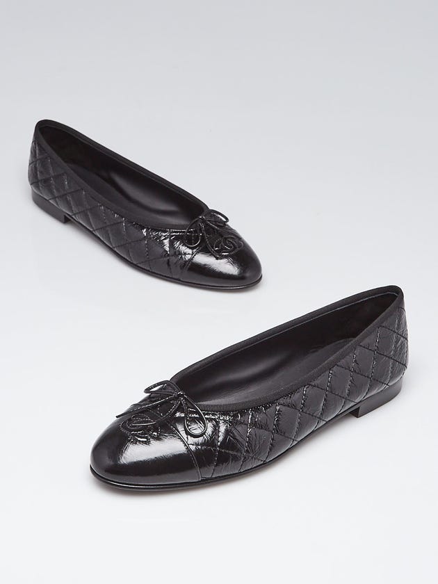 Chanel Black Quilted Crinkled Leather Cap Toe Ballet Flats Size 10.5/41