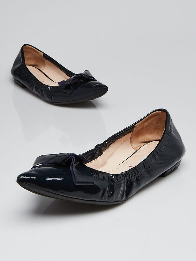 Prada Navy Blue Patent Leather Elastic Bow Pointed Toe Ballet Flats Size 6/36.5