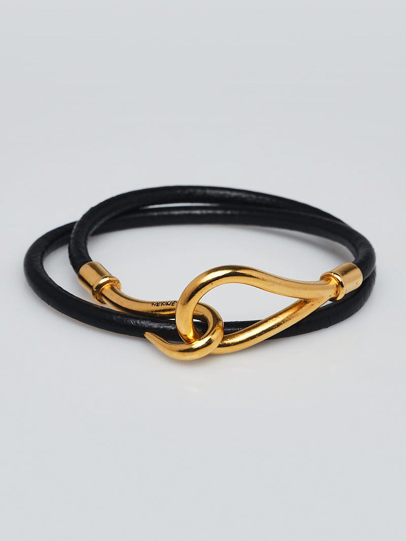 Hermes Black Leather and Gold Plated Jumbo Hook Bridle Choker Necklace -  Yoogi's Closet