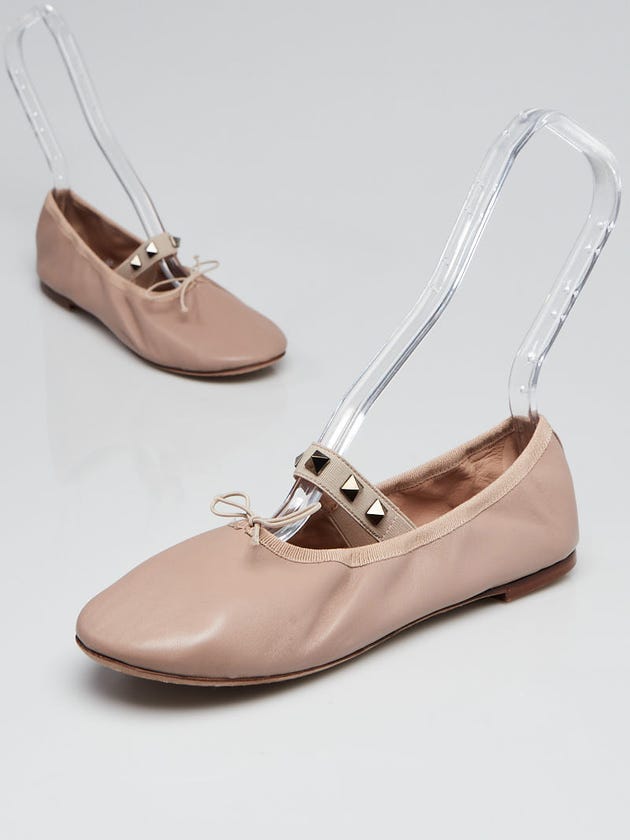Valentino Beige Leather Rockstud Ballerina Flats Size 6.5/37