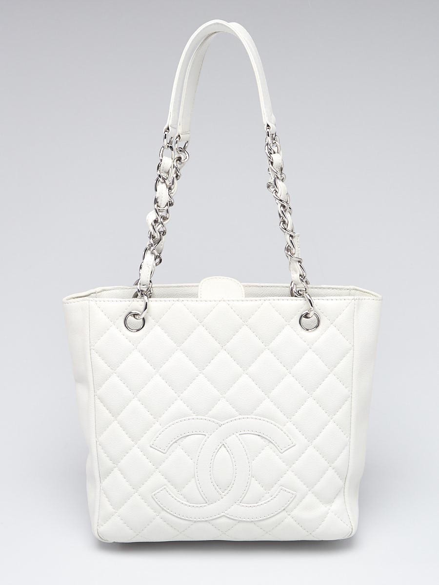 Chanel White Quilted Caviar Leather Petite Shopping Tote Bag