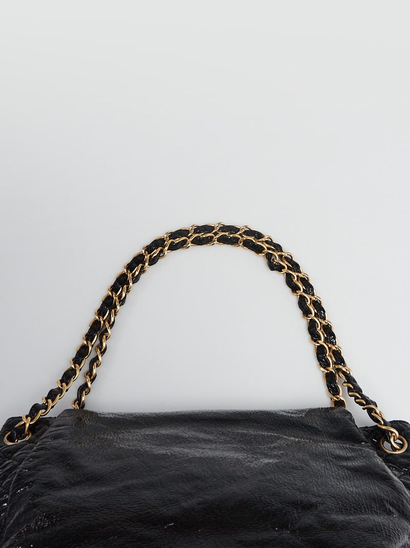 Chanel Accordion Pushlock Top Handle Flap Bag Black Patent Leather