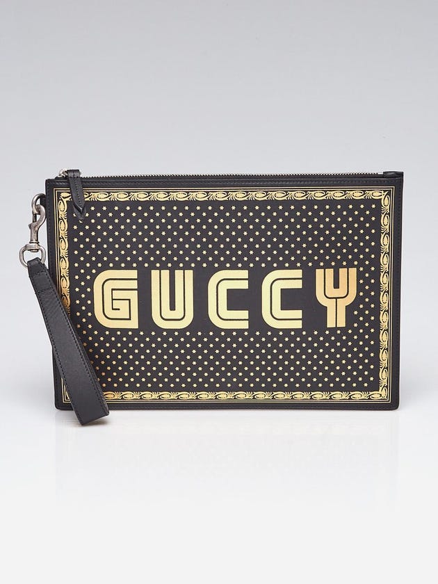 Gucci Black/Gold Leather "Guccy" Pouch Clutch Bag