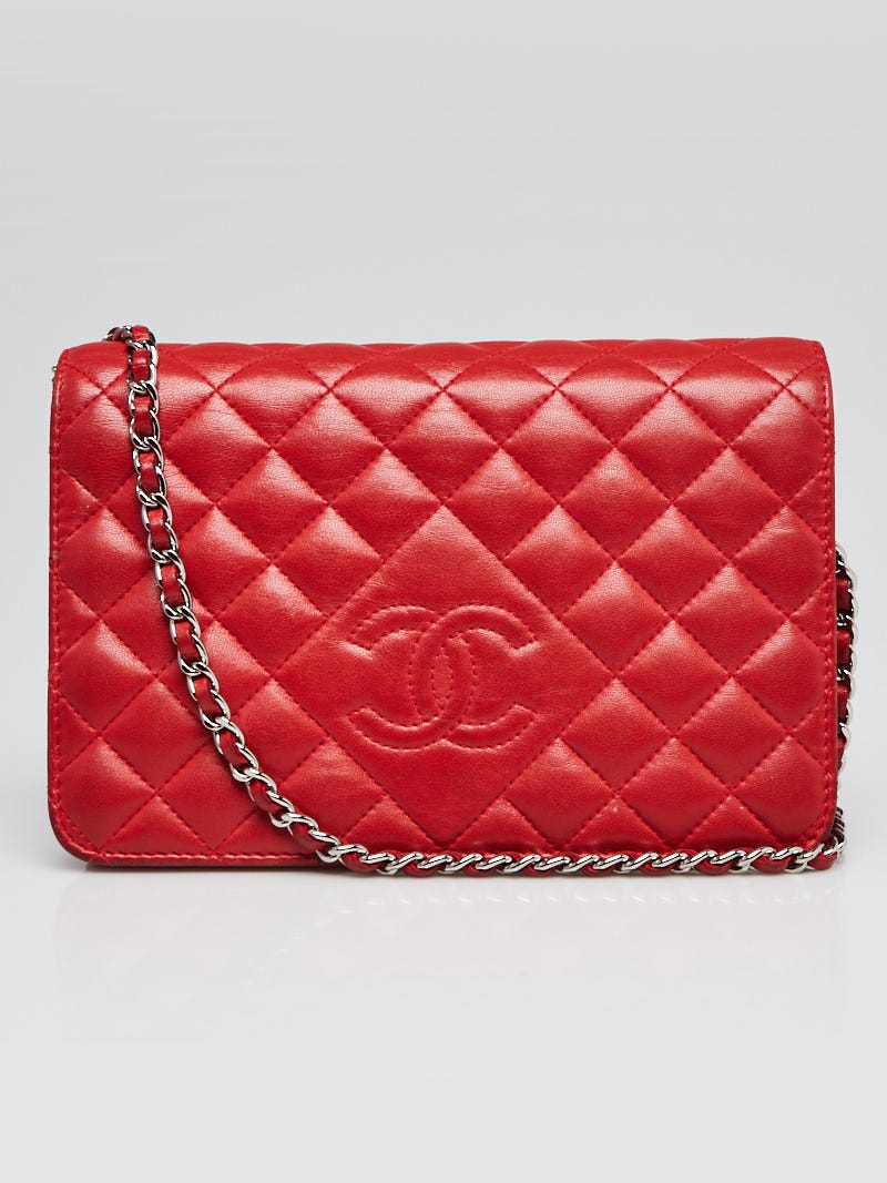 Chanel Red Quilted Lambskin Leather Diamond WOC Clutch Bag