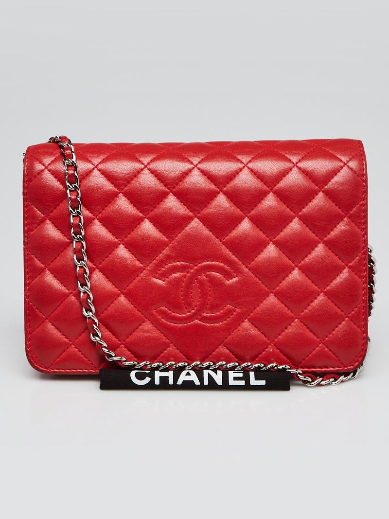 Chanel Red Quilted Lambskin Leather Diamond WOC Clutch Bag - Yoogi's Closet