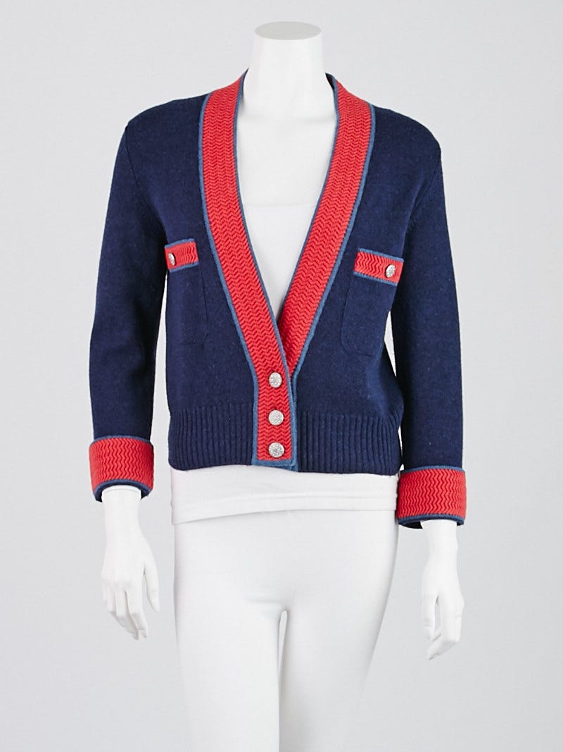 Chanel Navy Blue/Framboise Cashmere Cardigan Sweater Size 4/36 - Yoogi's  Closet