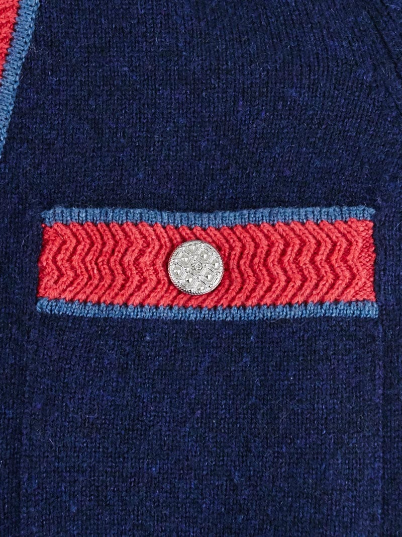 you　CHANEL カシミヤ100% Chanel Navy Blue/Framboise Cashmere Cardigan Sweater Size 4/36