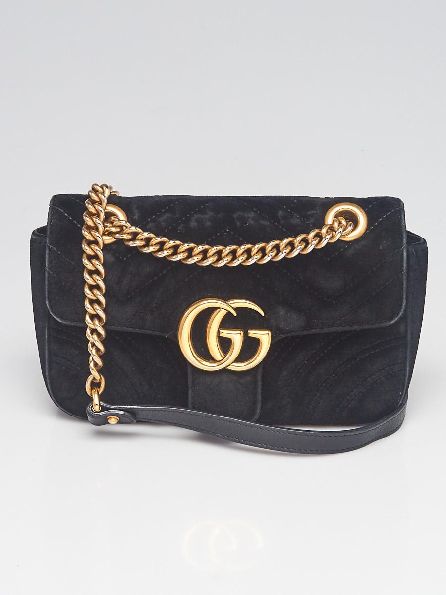 Gucci Black Quilted Velvet GG Marmont Mini Bag - Yoogi's Closet