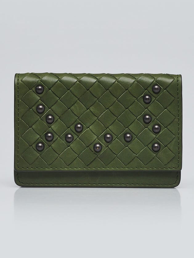 Bottega Veneta Green Intrecciato Woven Nappa Leather Studded Card Case