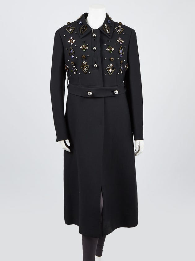 Prada Black Wool Blend Embellished Long Coat Size 14/48