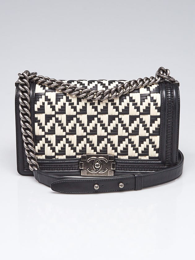 Chanel Black/White Woven Leather Medium Boy Bag