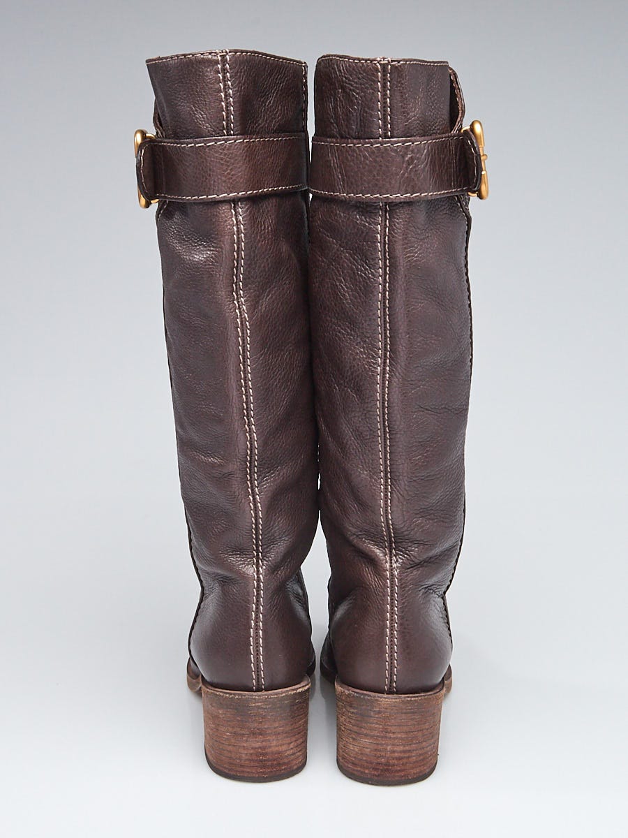 Chloe Brown Pebbled Leather Paddington Tall Boots Size 8.5/39