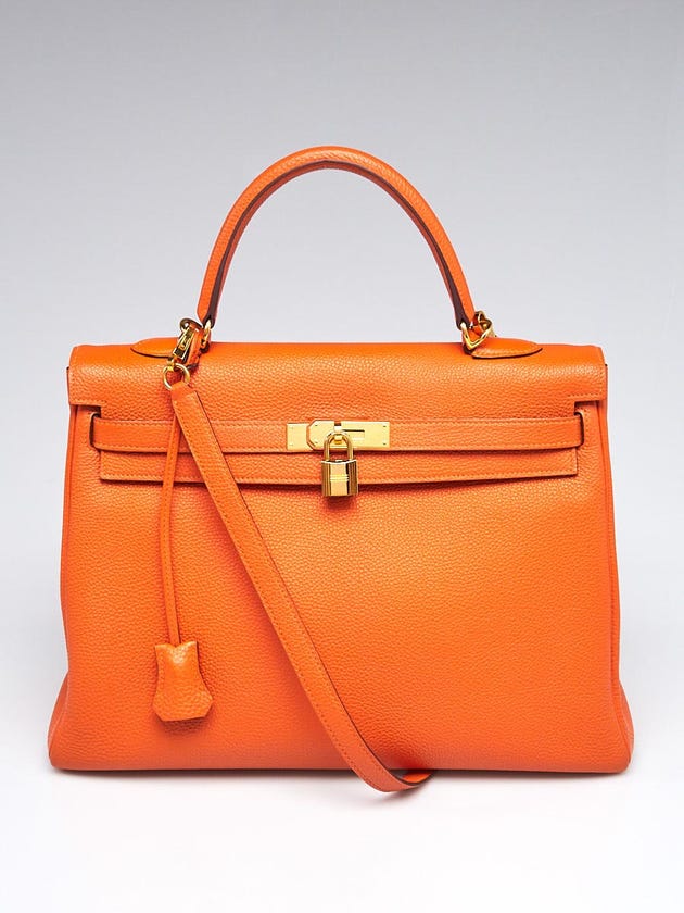 Hermes 35cm Orange Togo Leather Gold Plated Kelly Retourne Bag