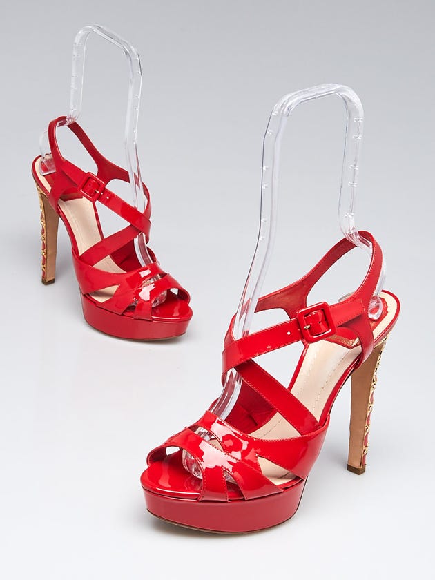 Christian Dior Red Patent Leather Cannage Heel Platform Sandals Size 9/39.5