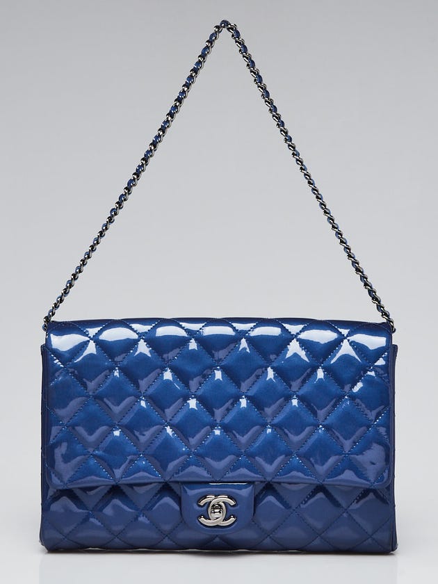 Chanel Blue Quilted Patent Leather Chain Clutch Flap Bag