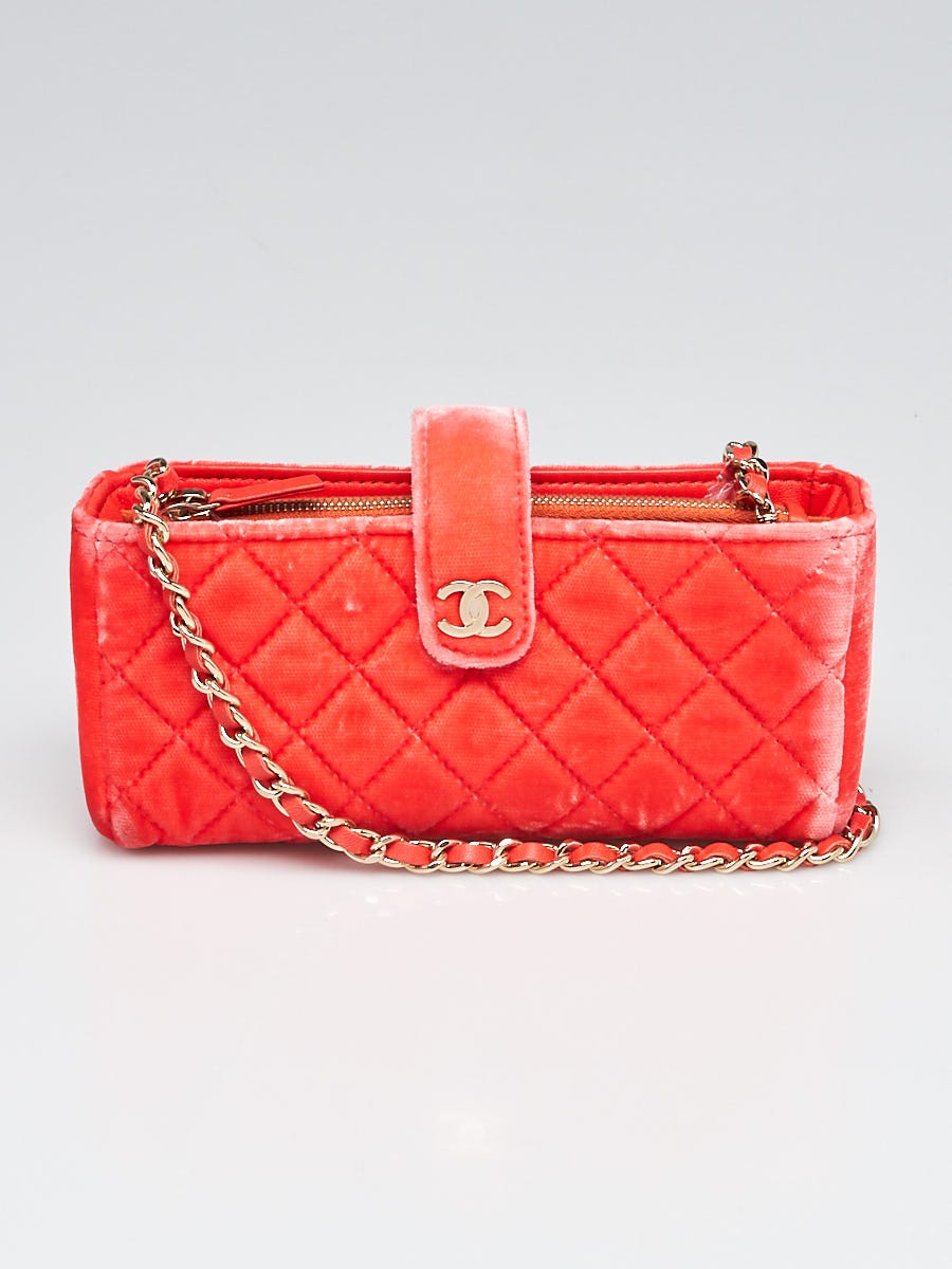 Chanel Coral Quilted Velvet Mini Phone Holder Clutch Bag w/ Chain Strap - Yoogi's  Closet