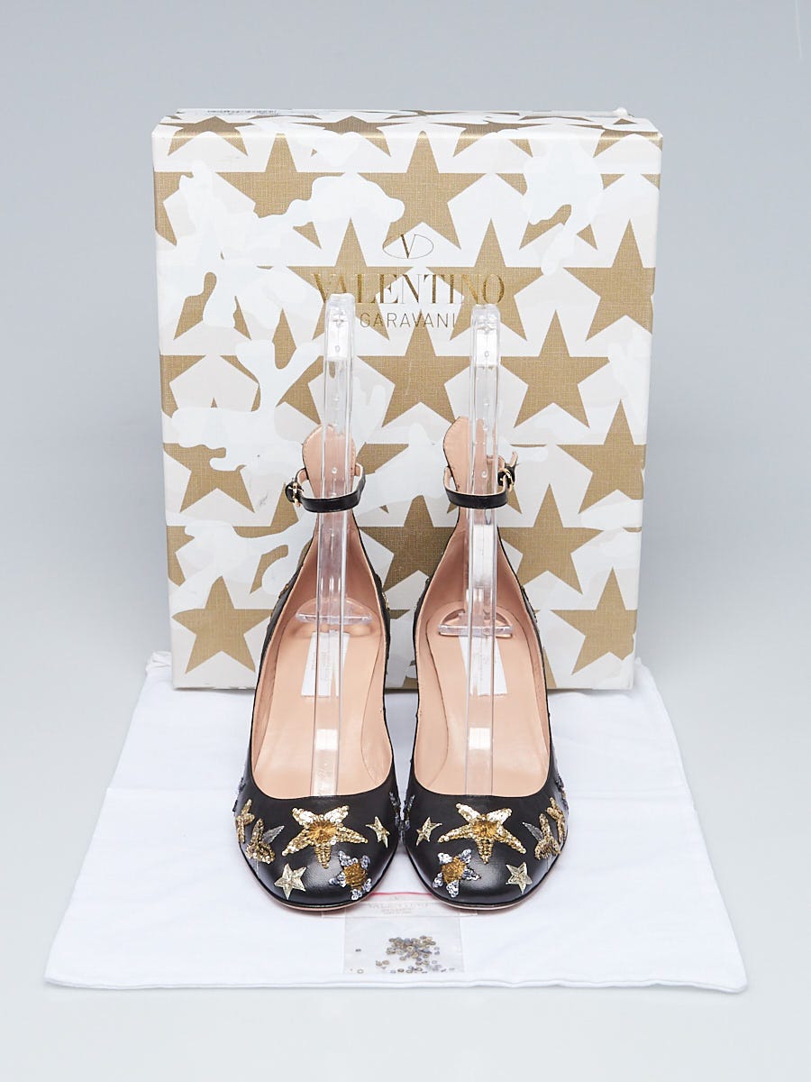 Valentino Black/Gold Leather and Sequin Star Ankle Wrap