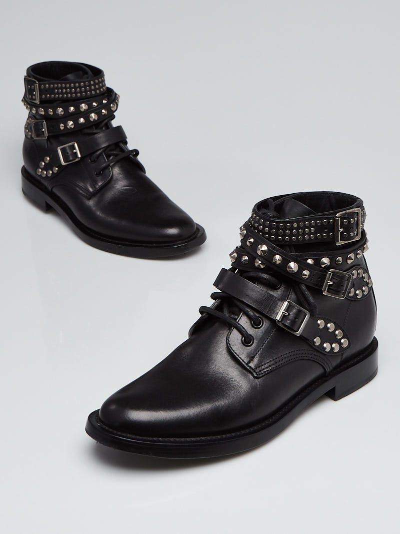 Yves Saint Laurent Black Leather Studded Ranger Ankle Boot Size 