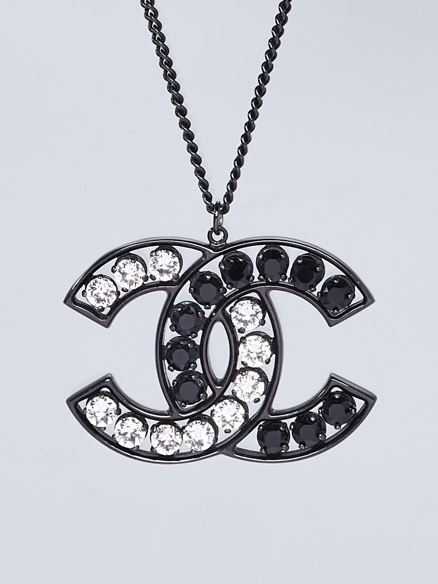 Chanel Gunmetal and Crystal CC Pendant Long Necklace - Yoogi's Closet