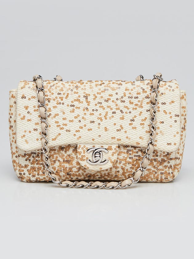 Chanel Beige Raffia Goldtone Sequin Small Single Flap Bag