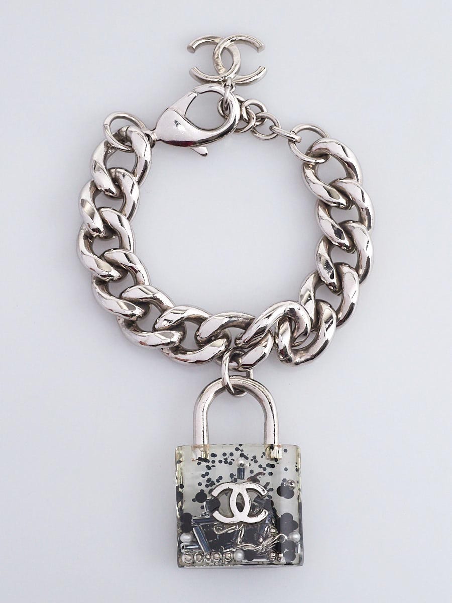 Chanel Silvertone Metal and Resin CC Padlock Bracelet - Yoogi's Closet