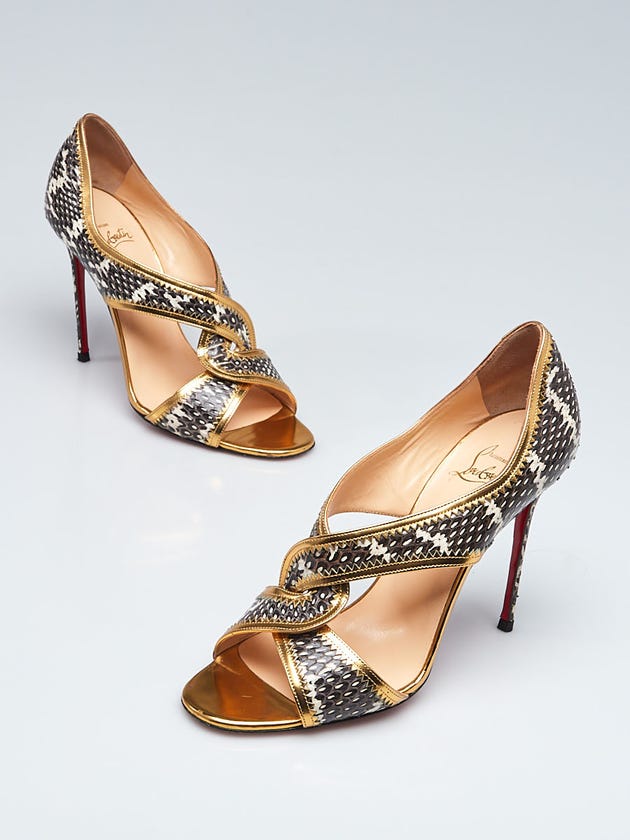 Christian Louboutin Gold Leather and Roccia Ayers Snake Suzanna 100 Peep Toe Pumps Size 8/38.5