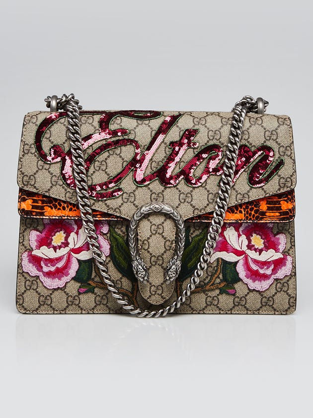 Gucci Beige GG Supreme Canvas/Snakeskin Embroidered Elton Medium Dionysus Bag