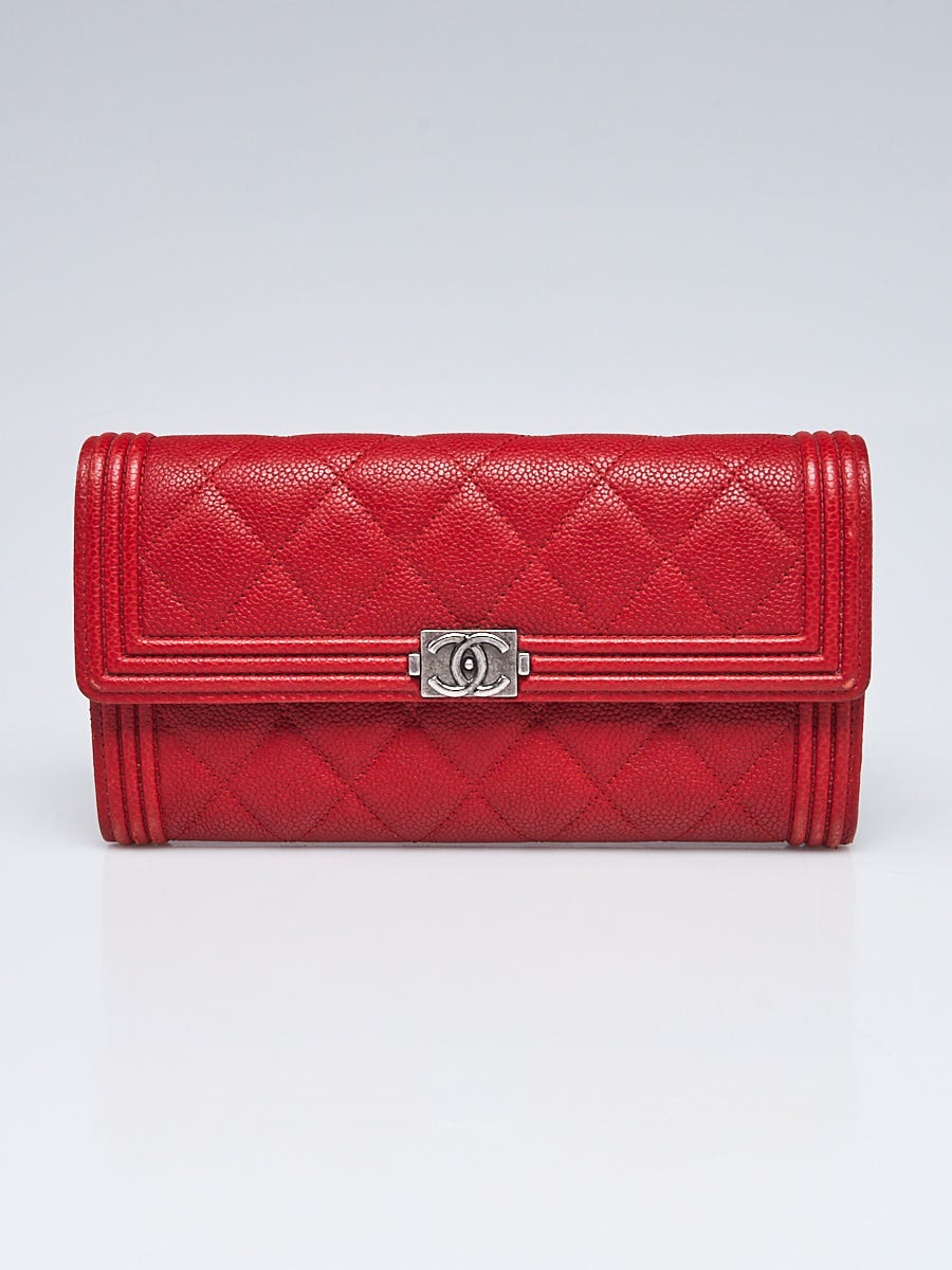 Chanel Red Quilted Caviar Leather Boy L Gusset Flap Wallet