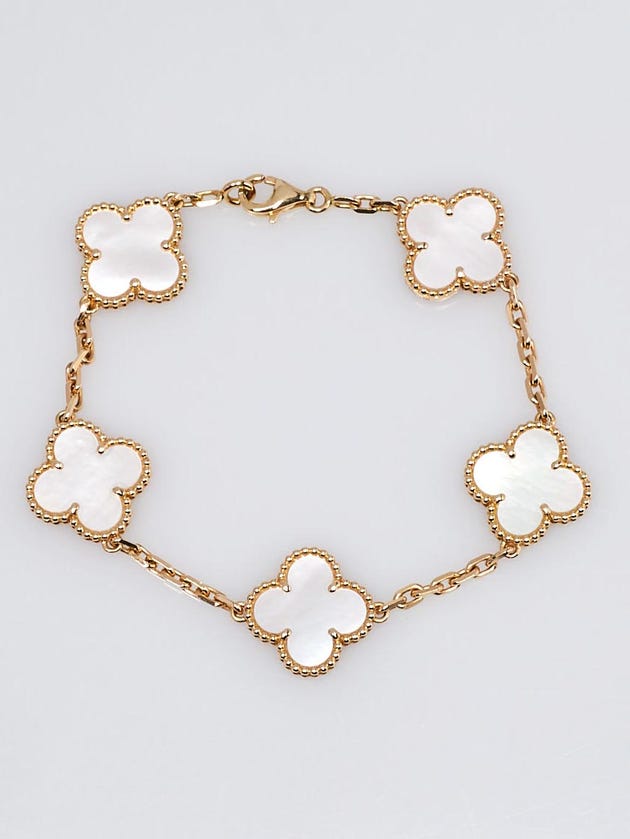 Van Cleef & Arpels 18k Yellow Gold and Mother of Pearl Vintage Alhambra 5 Motif Bracelet