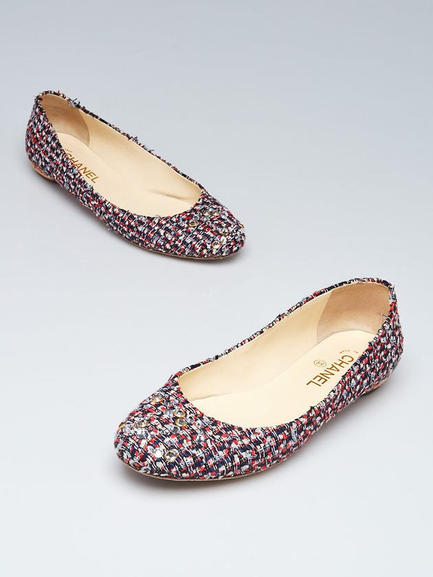 Chanel Multicolor Tweed and Rhinestone CC Ballet Flats Size 9.5/40