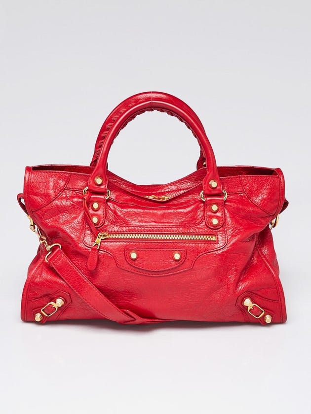 Balenciaga Red Lipstick Lambskin Leather Giant 12 Gold City Bag