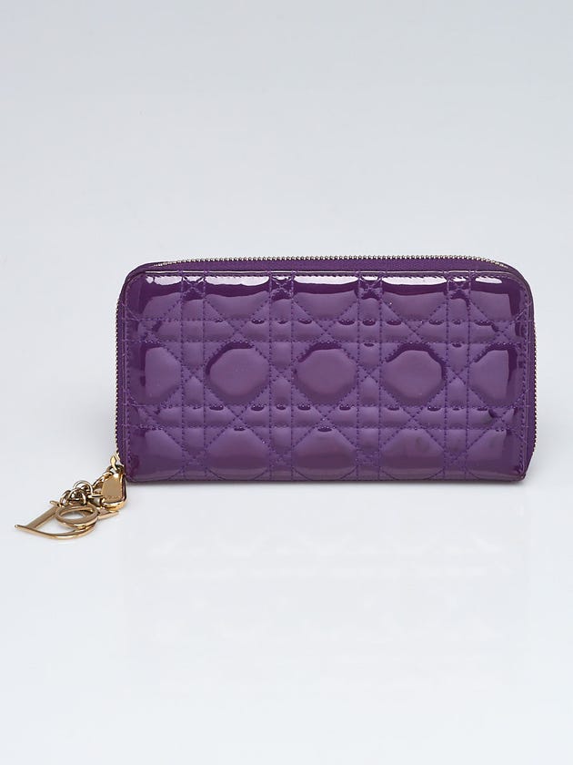 Christian Dior Purple Cannage Quilted Patent Leather Zippy Wallet