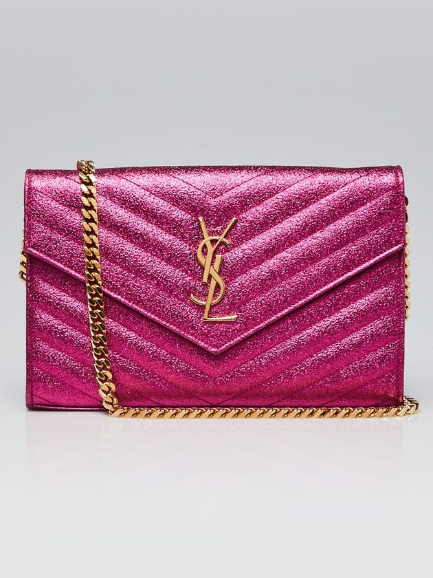 Yves Saint Laurent Metallic Pink Chevron Quilted Grained Leather Metalasse Wallet on Chain Bag