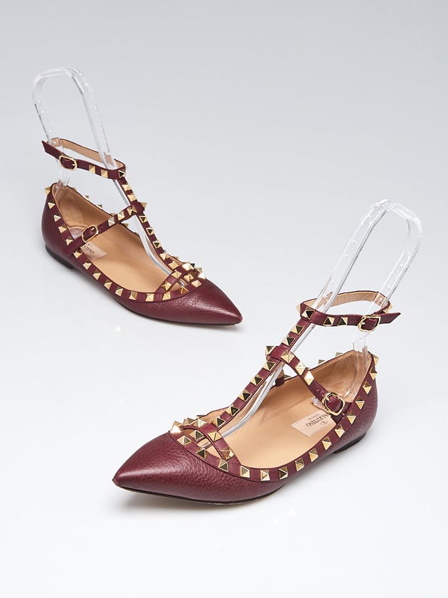 Valentino Burgundy Pebbled Leather Rockstud Cage Flats Size 6/36.5
