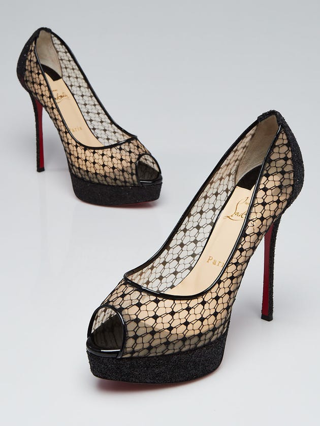Christian Louboutin Black Patent Leather and Lace Fetish Peep Toe 130 Pumps Size 8/38.5