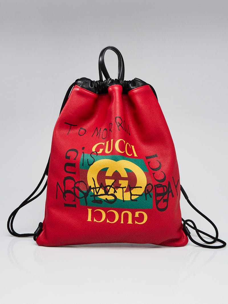 Gucci Red Leather Coco Capitan Logo Drawstring Backpack Bag 