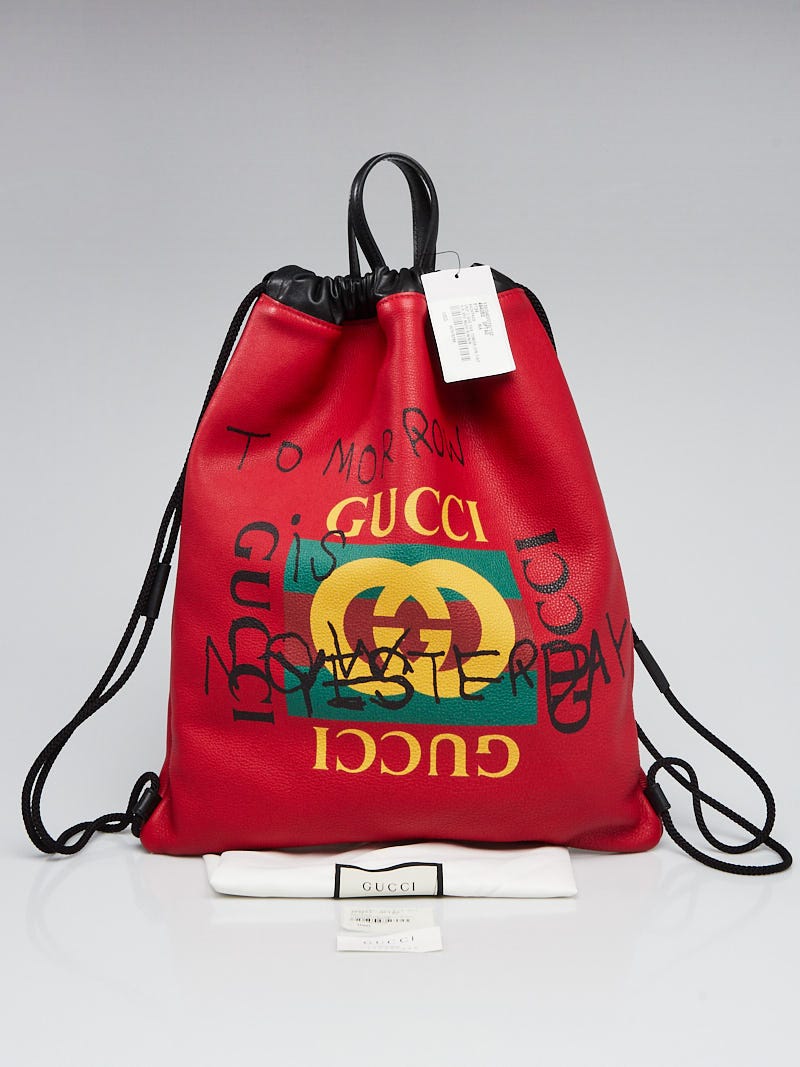 Gucci Red Leather Coco Capitan Logo Drawstring Backpack Bag - Yoogi's Closet